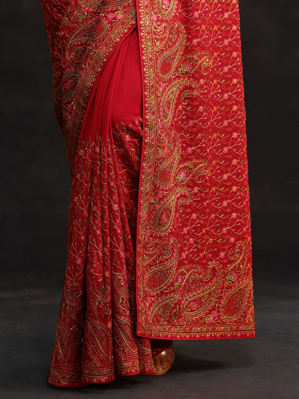Art Crimson Red Paisley Embroidered Georgette Saree