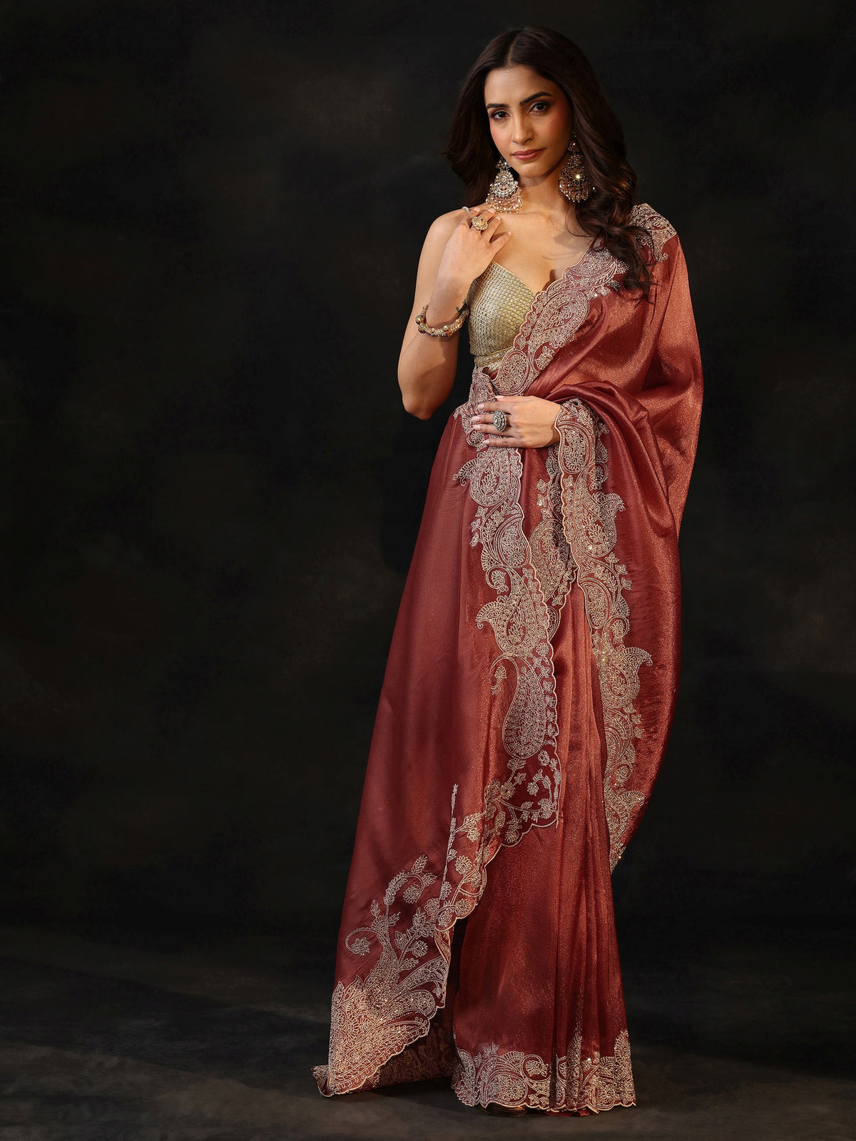 Art Dusty Rose Pink Net Saree with Paisley Border
