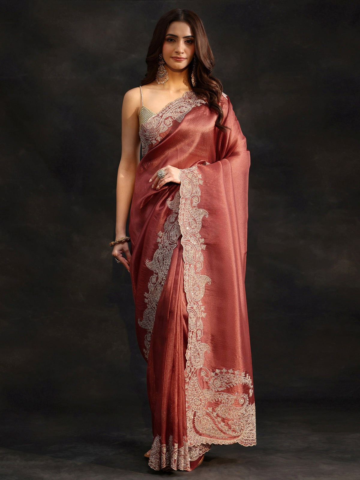 Art Dusty Rose Pink Net Saree with Paisley Border