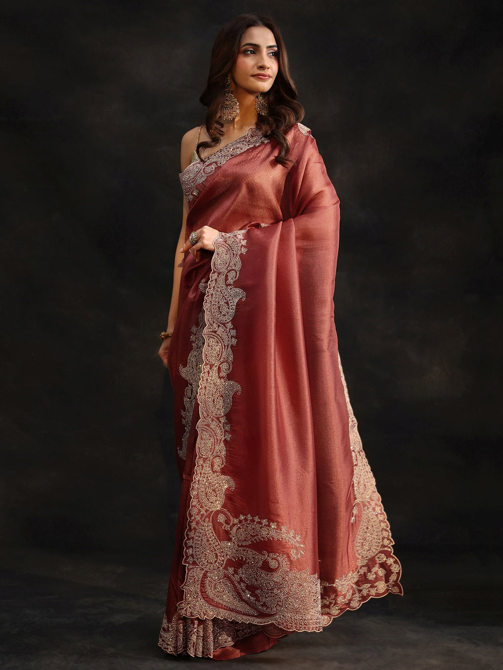 Art Dusty Rose Pink Net Saree with Paisley Border