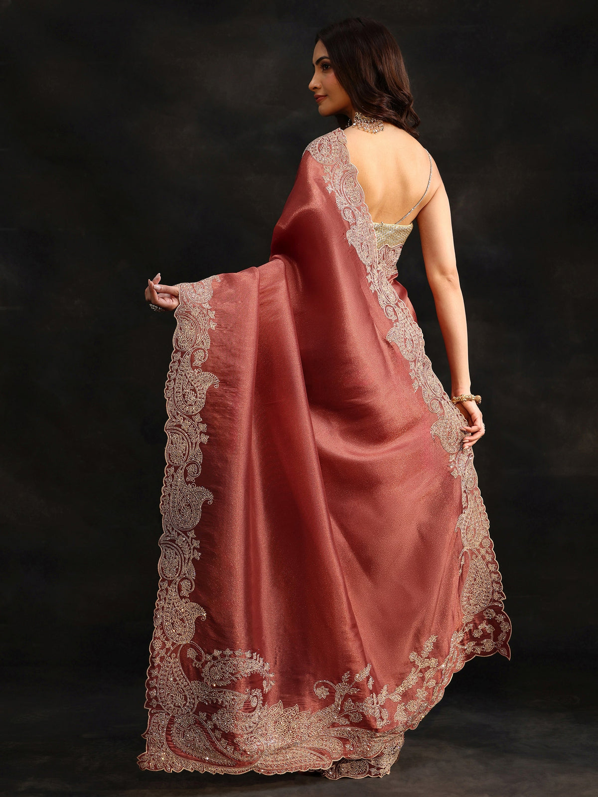 Art Dusty Rose Pink Net Saree with Paisley Border