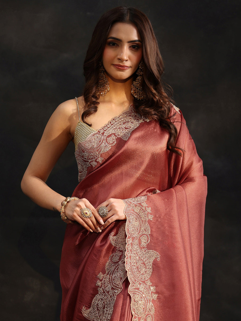 Art Dusty Rose Pink Net Saree with Paisley Border