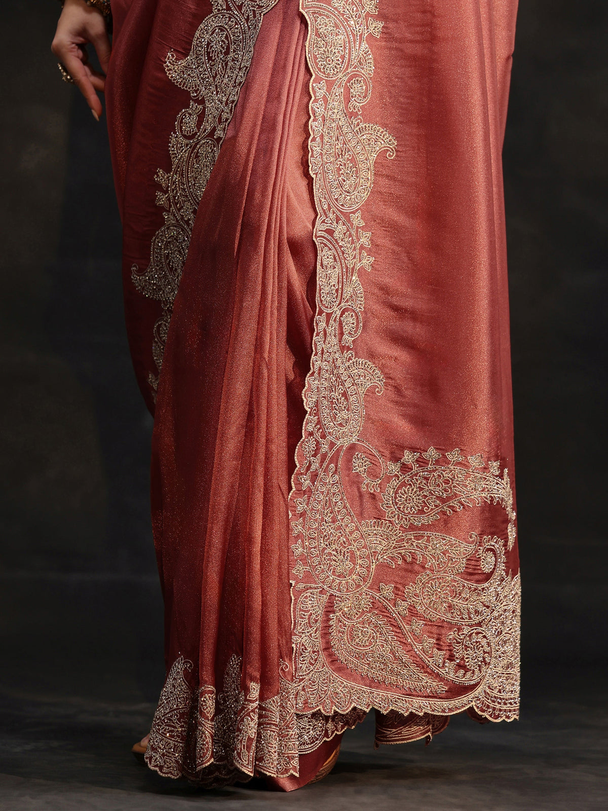 Art Dusty Rose Pink Net Saree with Paisley Border