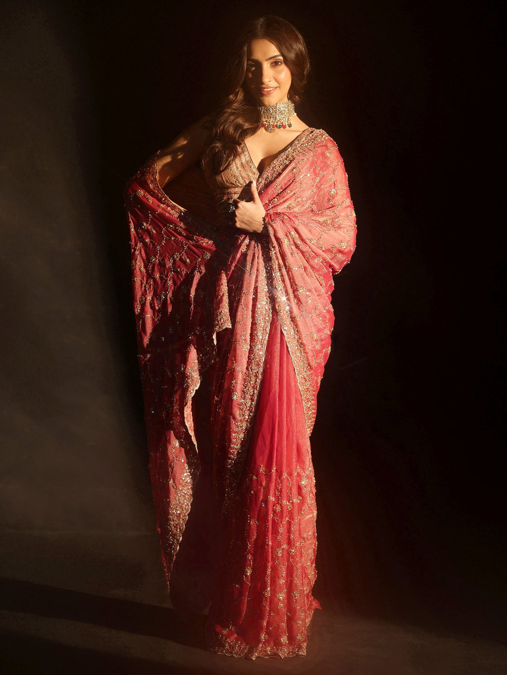 Art Rose Pink Sequins Embellished Tissue Saree
