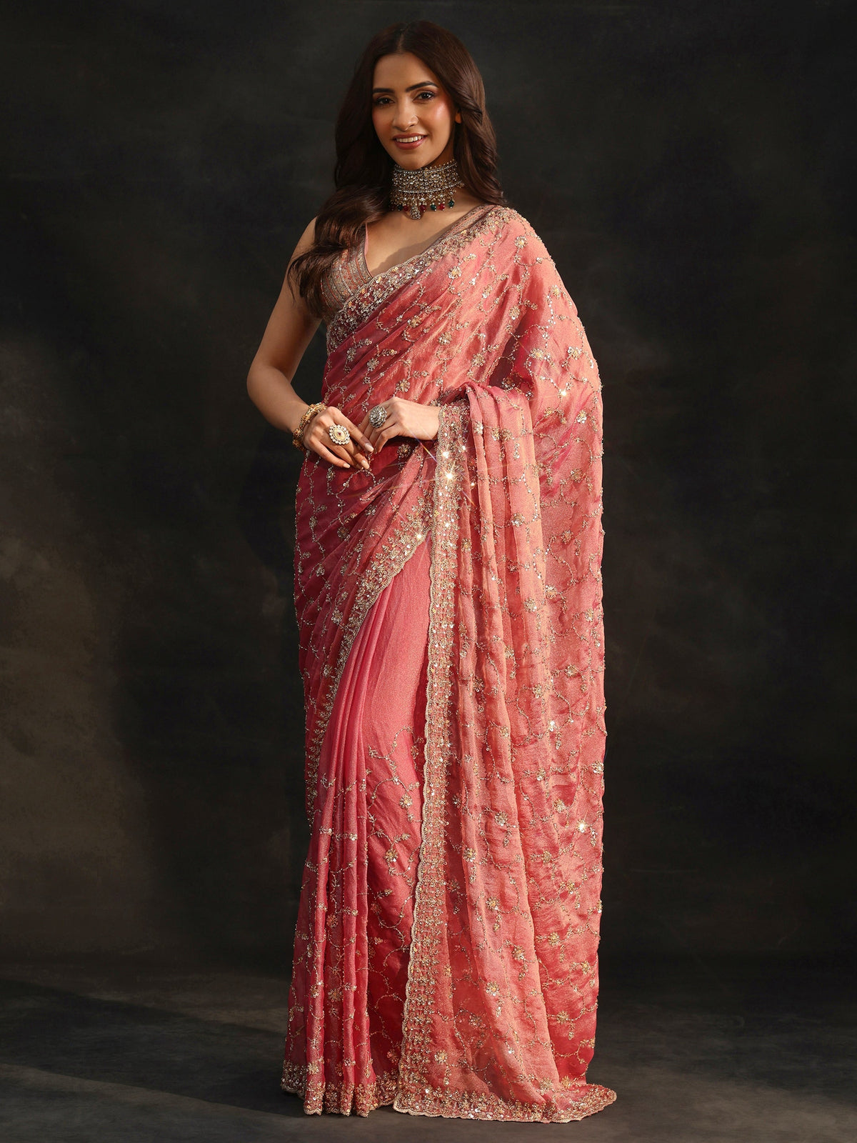 Art Rose Pink Sequins Embellished Tissue Saree