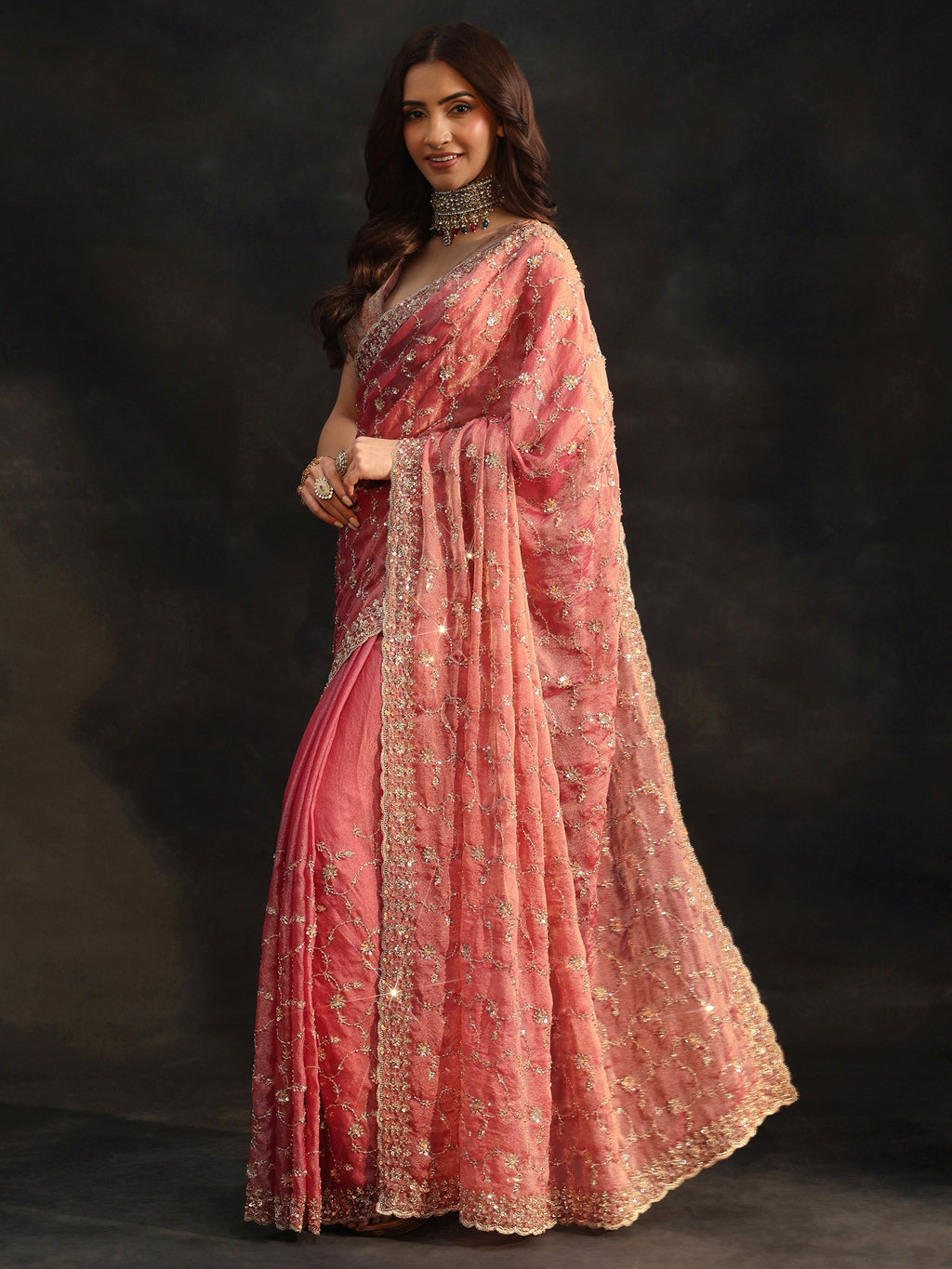 Art Rose Pink Sequins Embellished Tissue Saree