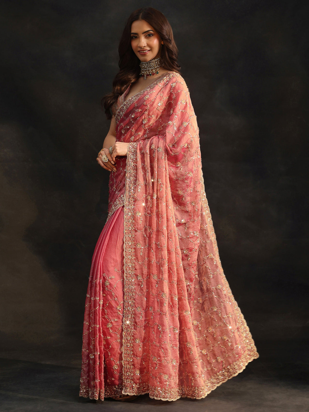 Art Rose Pink Sequins Embellished Tissue Saree