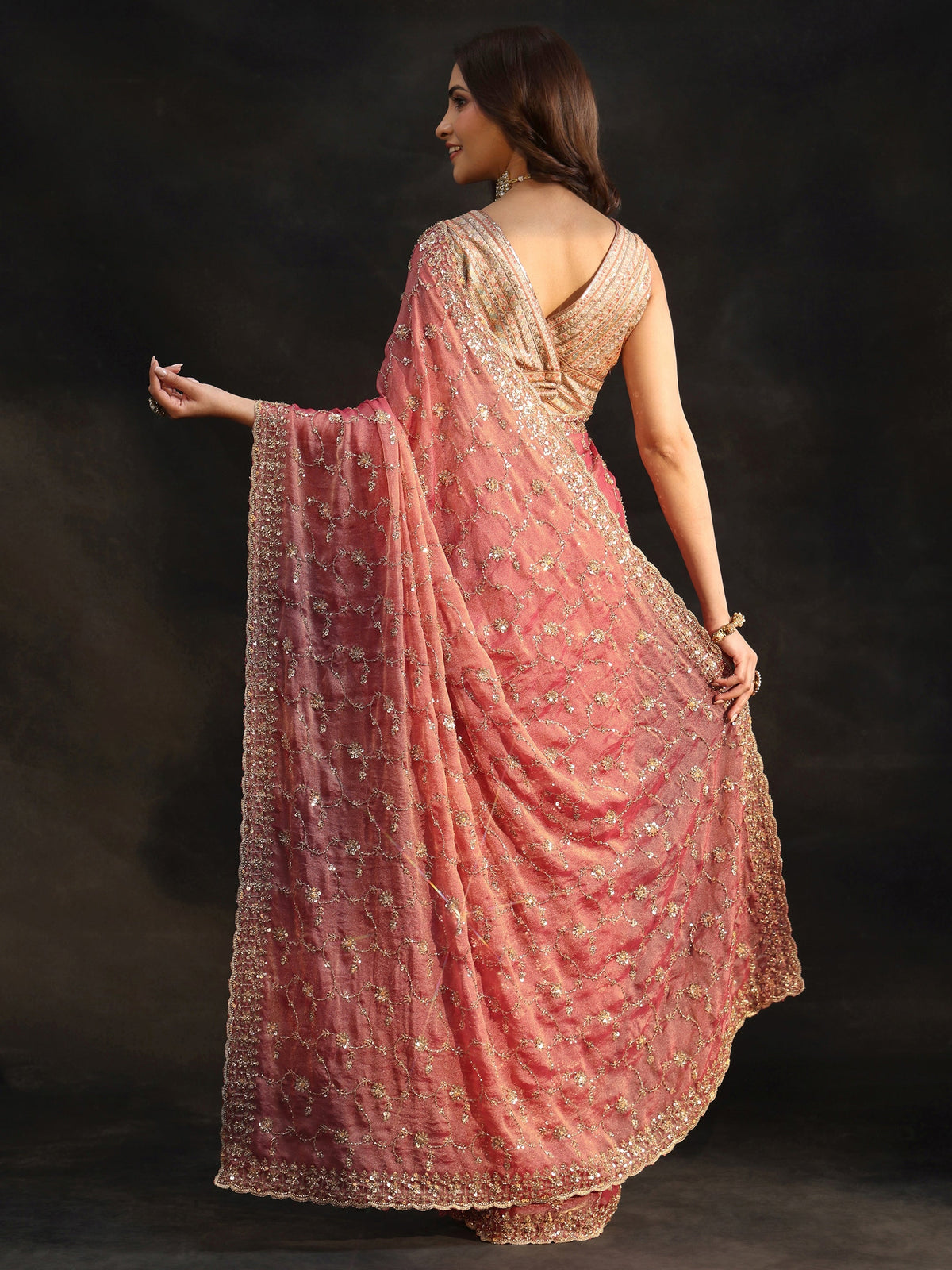 Art Rose Pink Sequins Embellished Tissue Saree