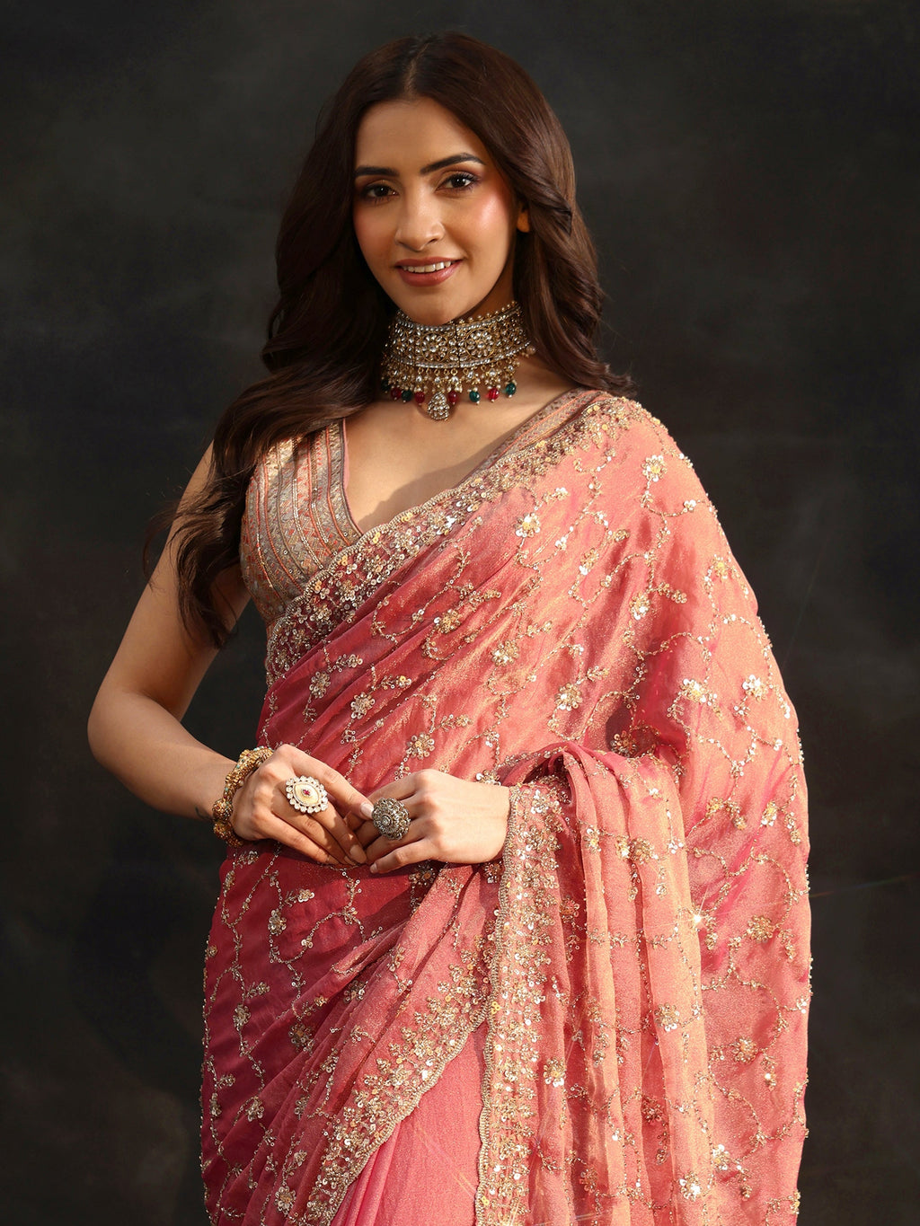 Art Rose Pink Sequins Embellished Tissue Saree