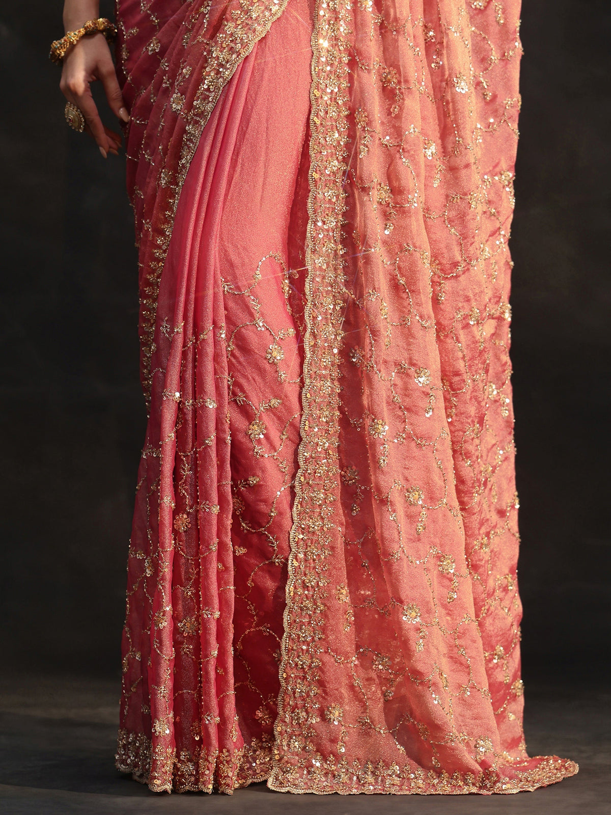Art Rose Pink Sequins Embellished Tissue Saree