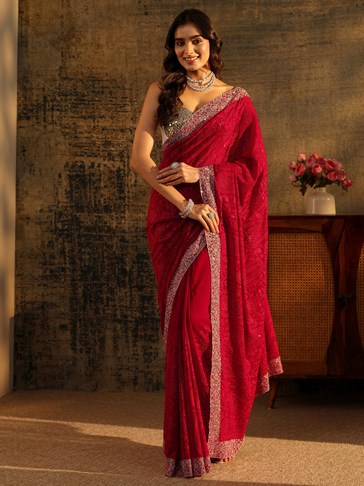 Art Ruby Red Paisley Embroidered Georgette Saree