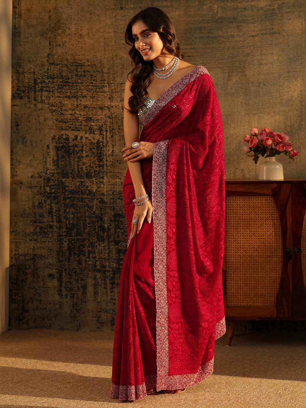 Art Ruby Red Paisley Embroidered Georgette Saree