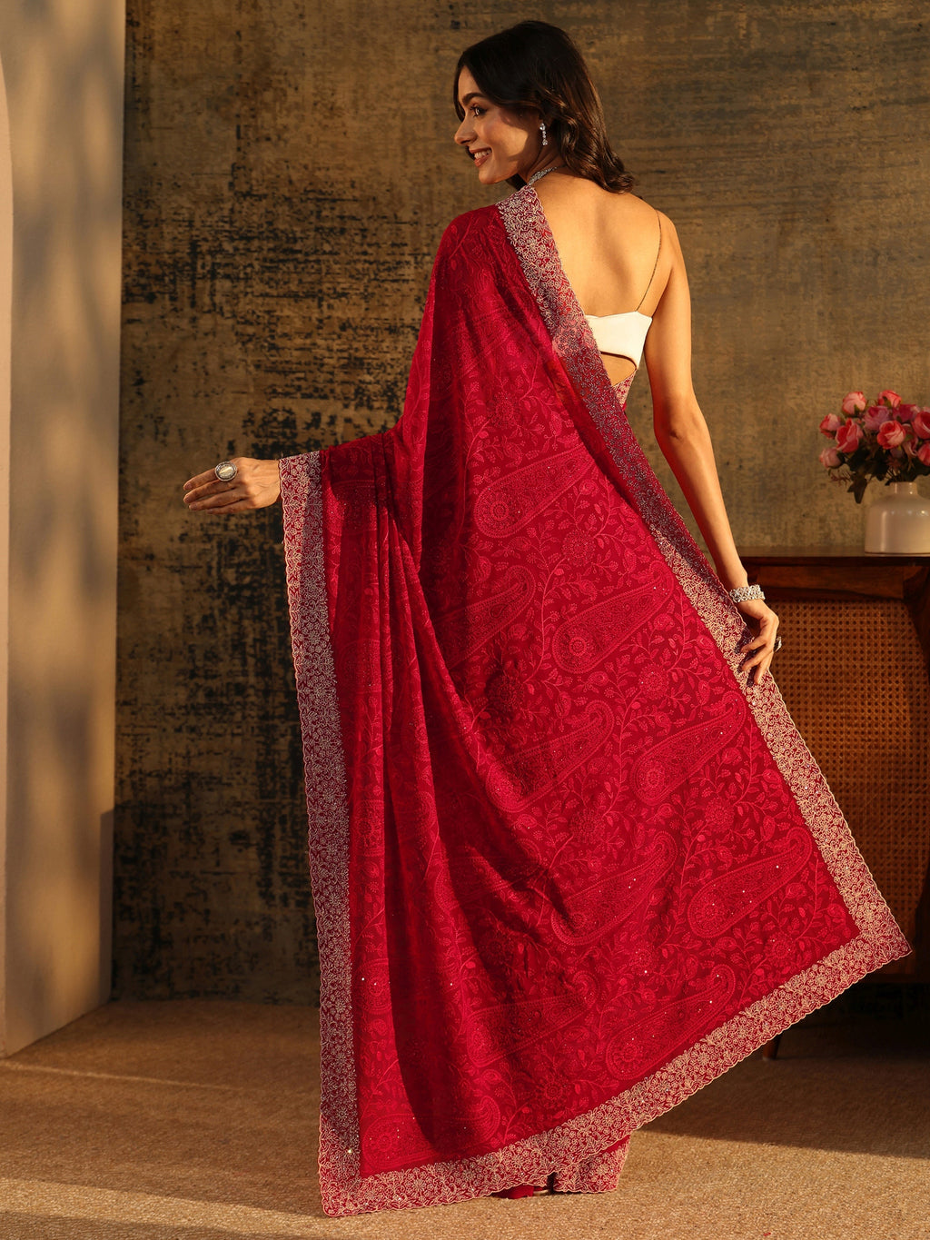 Art Ruby Red Paisley Embroidered Georgette Saree