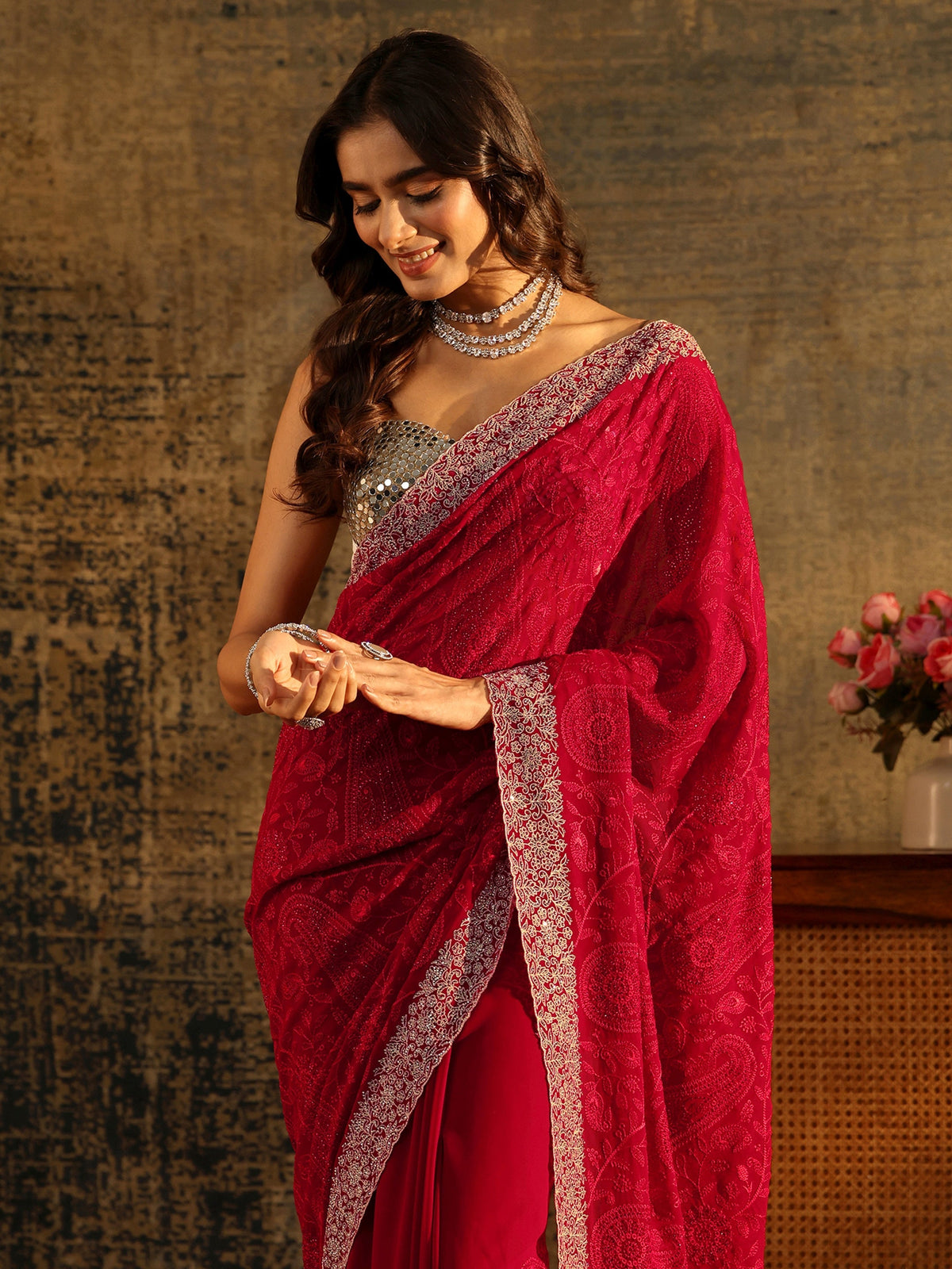 Art Ruby Red Paisley Embroidered Georgette Saree