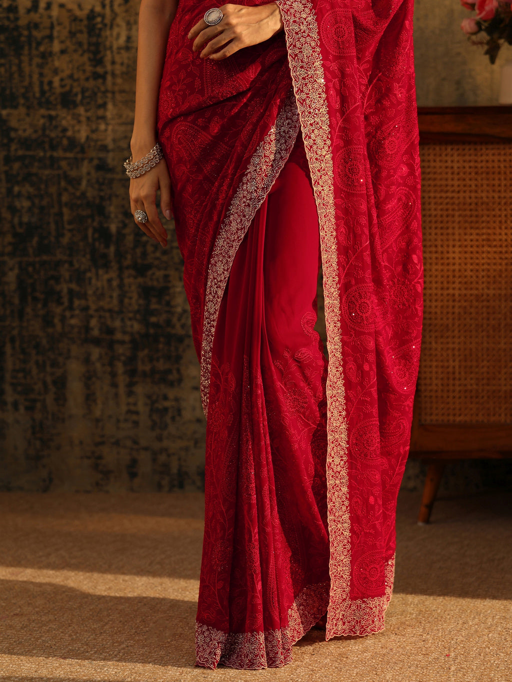 Art Ruby Red Paisley Embroidered Georgette Saree