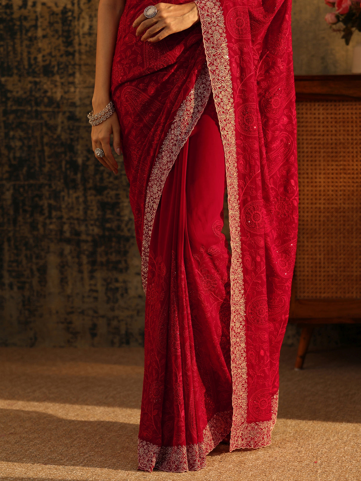 Art Ruby Red Paisley Embroidered Georgette Saree