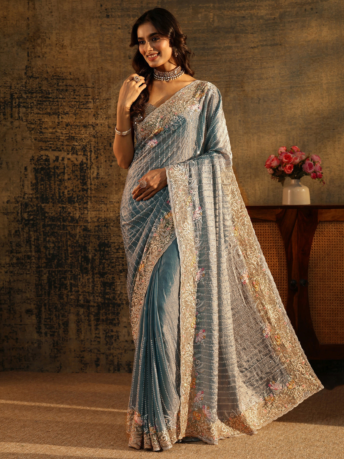 Art Powder Blue Embellished Tissue Saree with Floral Border