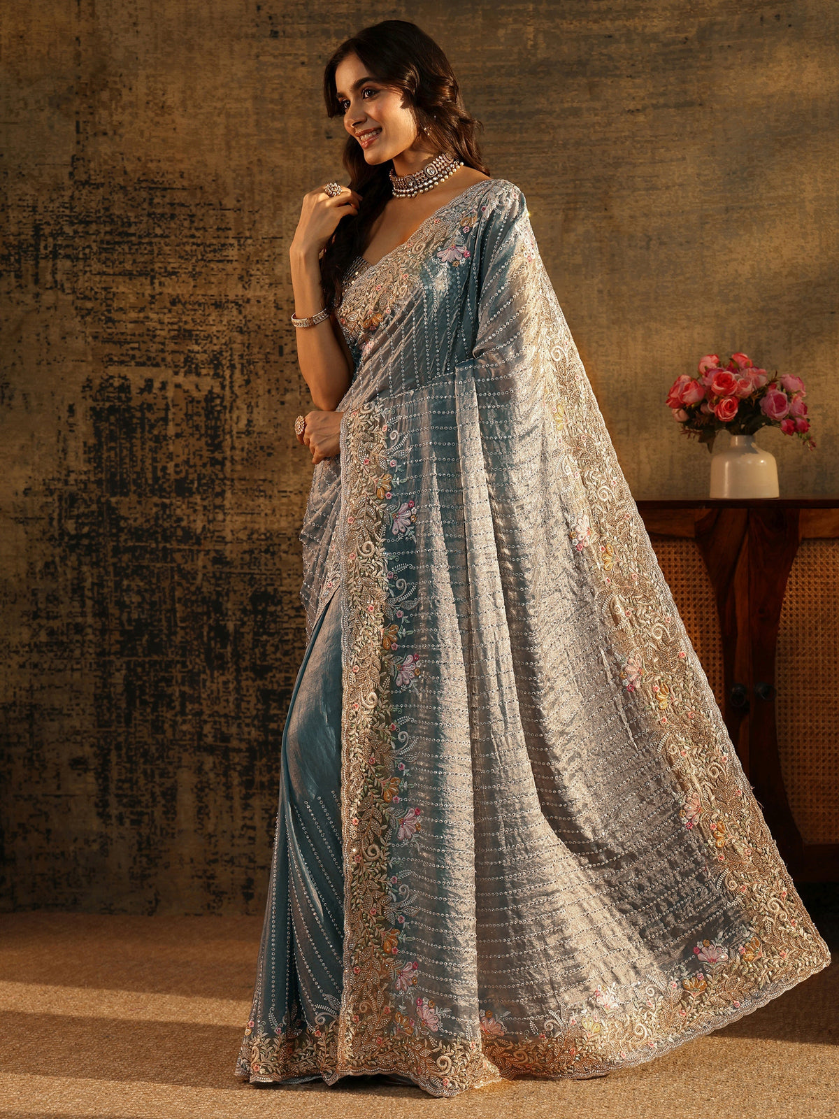 Art Powder Blue Embellished Tissue Saree with Floral Border