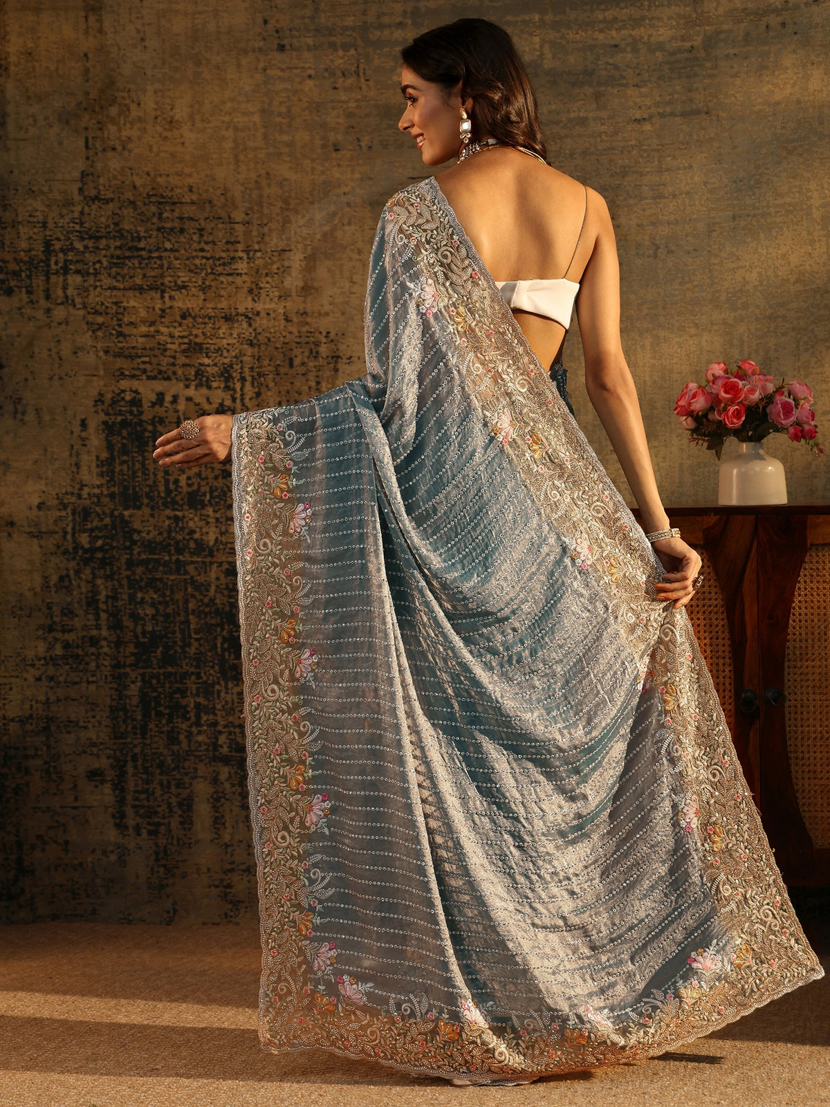 Art Powder Blue Embellished Tissue Saree with Floral Border