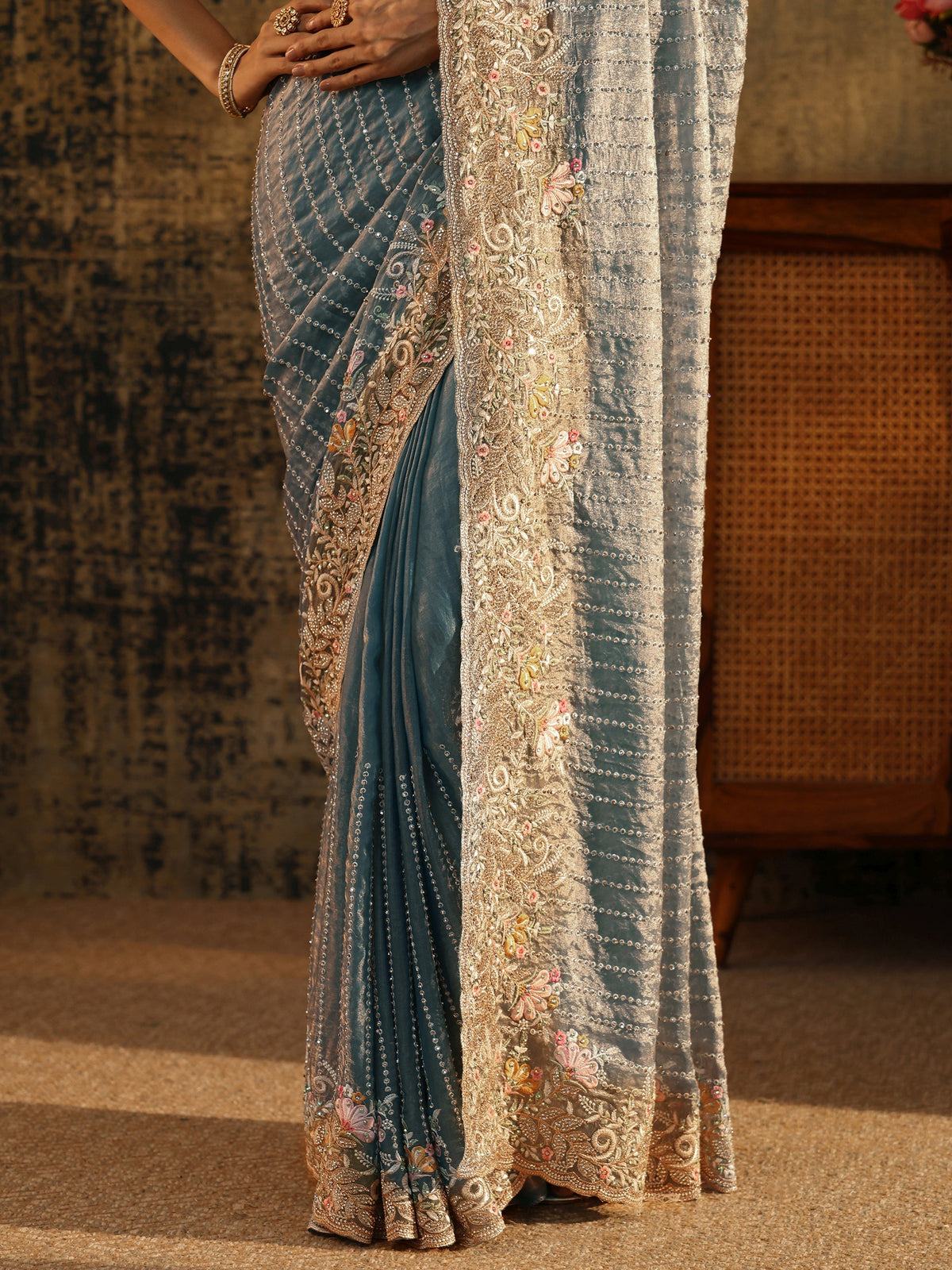 Art Powder Blue Embellished Tissue Saree with Floral Border