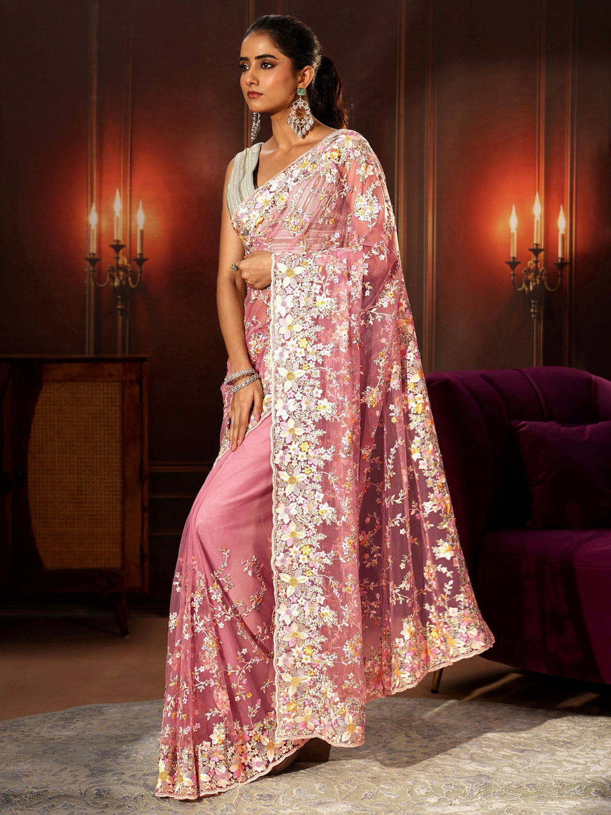 Art Rose Pink Floral Embroidered Net Saree