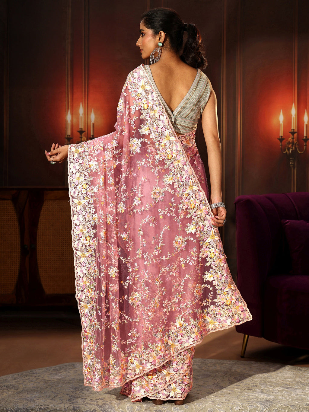 Art Rose Pink Floral Embroidered Net Saree