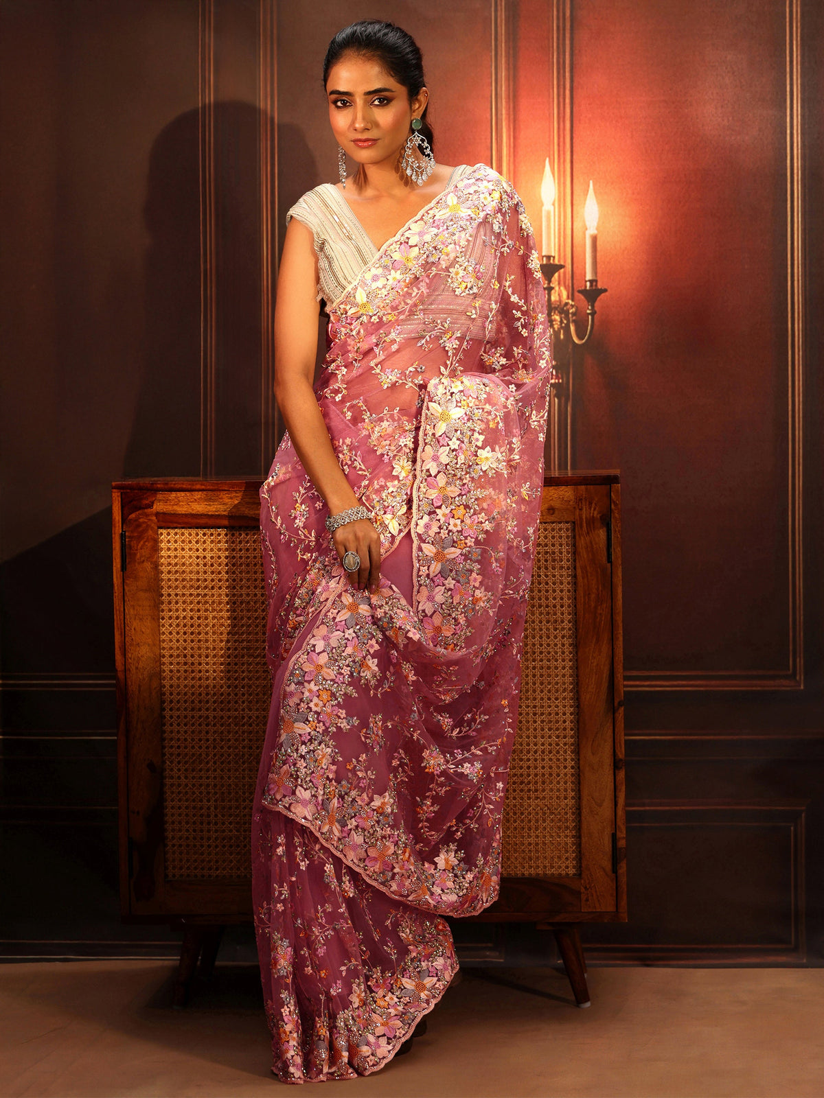 Art Rose Pink Floral Embroidered Net Saree