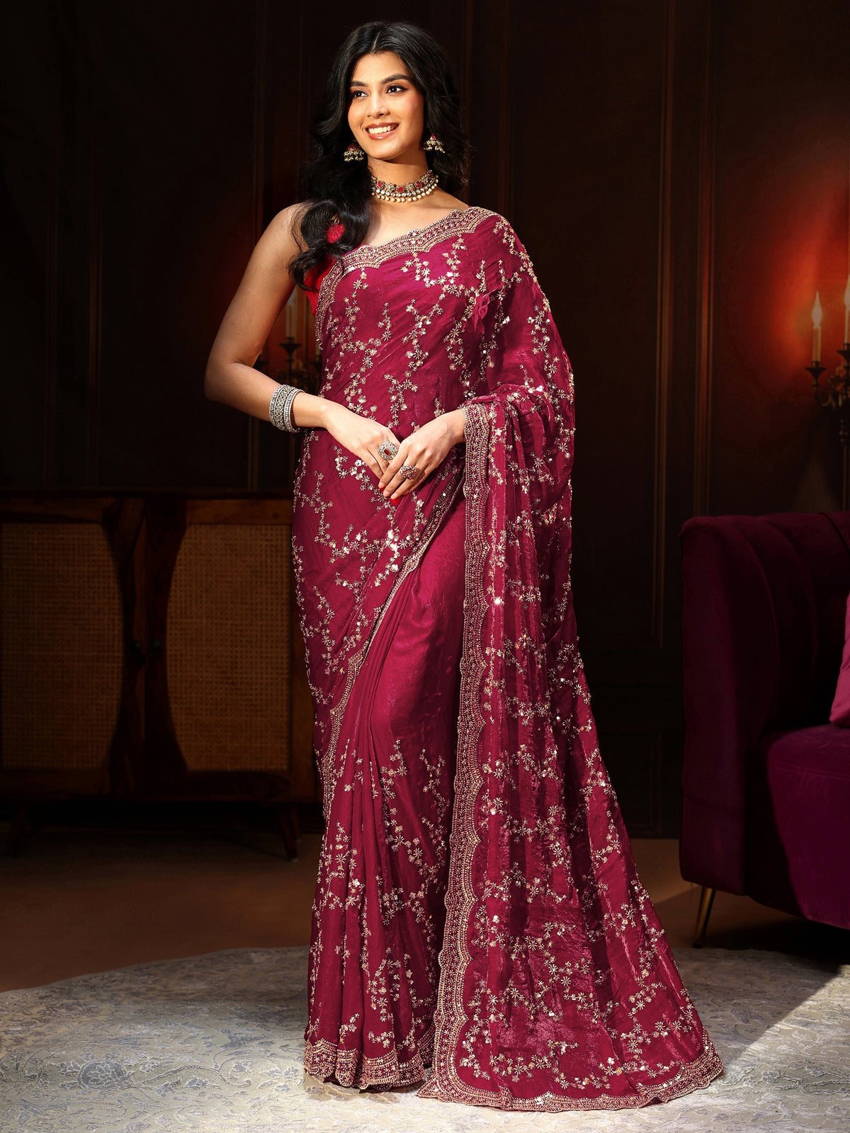 Art Magenta Pink Embellished Tissue Saree