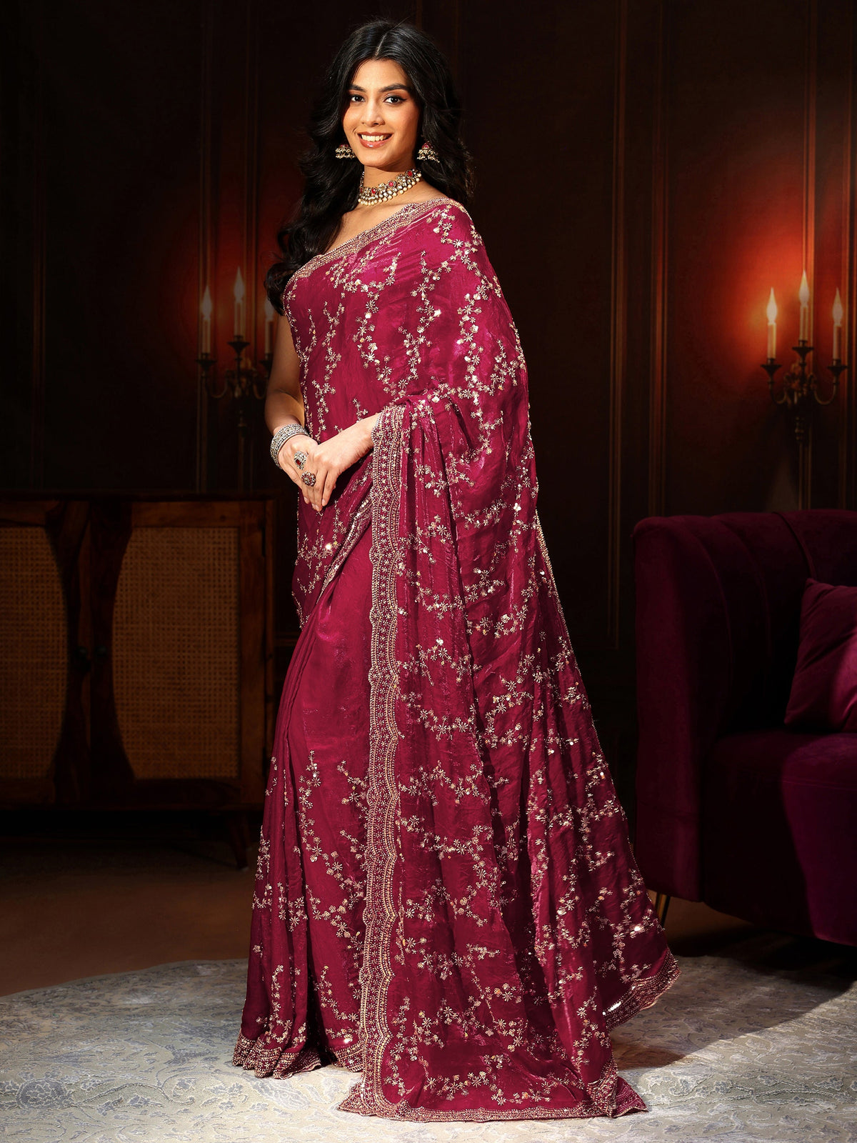 Art Magenta Pink Embellished Tissue Saree