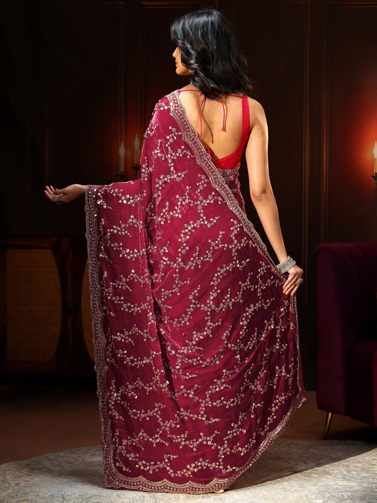 Art Magenta Pink Embellished Tissue Saree