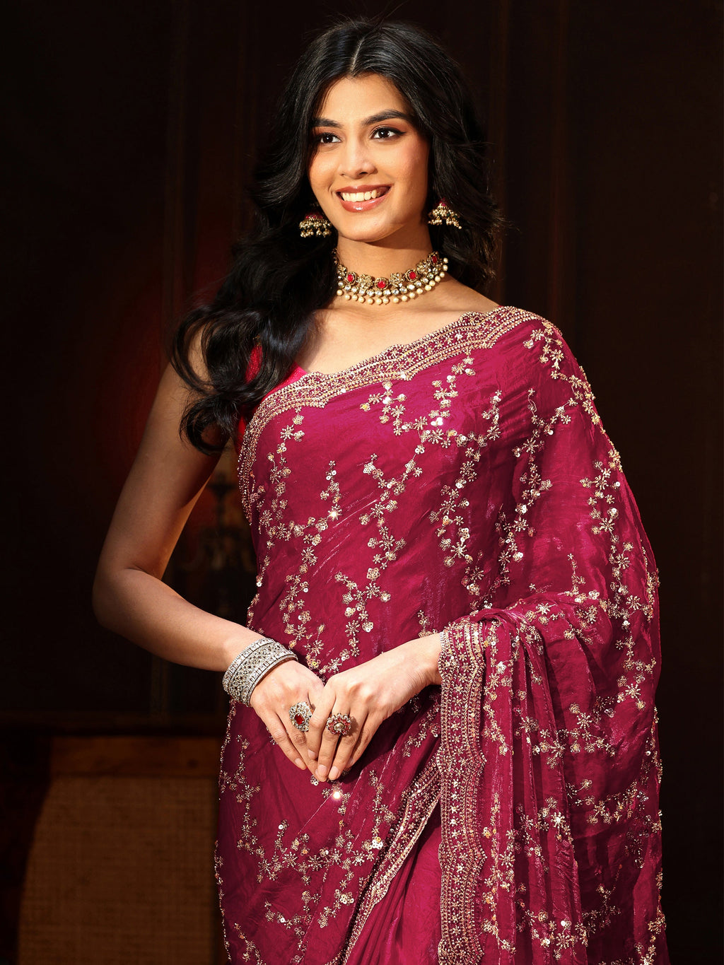 Art Magenta Pink Embellished Tissue Saree