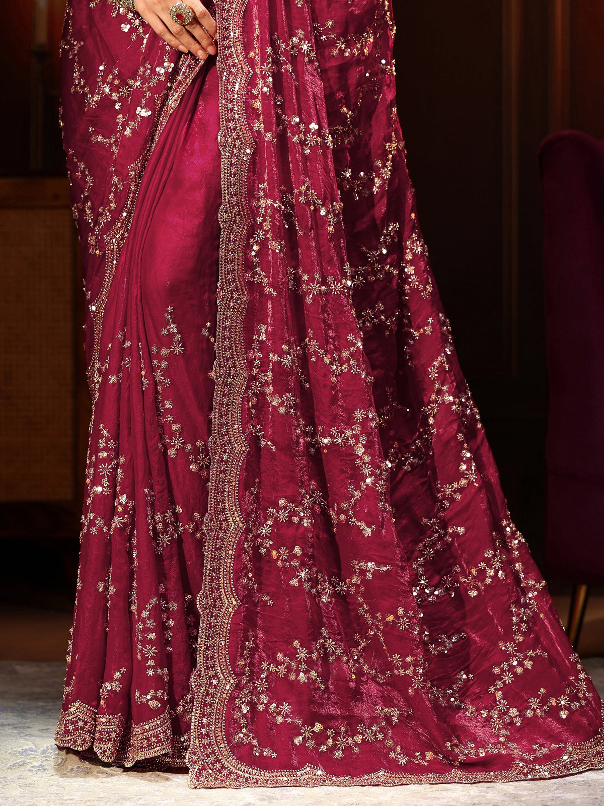 Art Magenta Pink Embellished Tissue Saree
