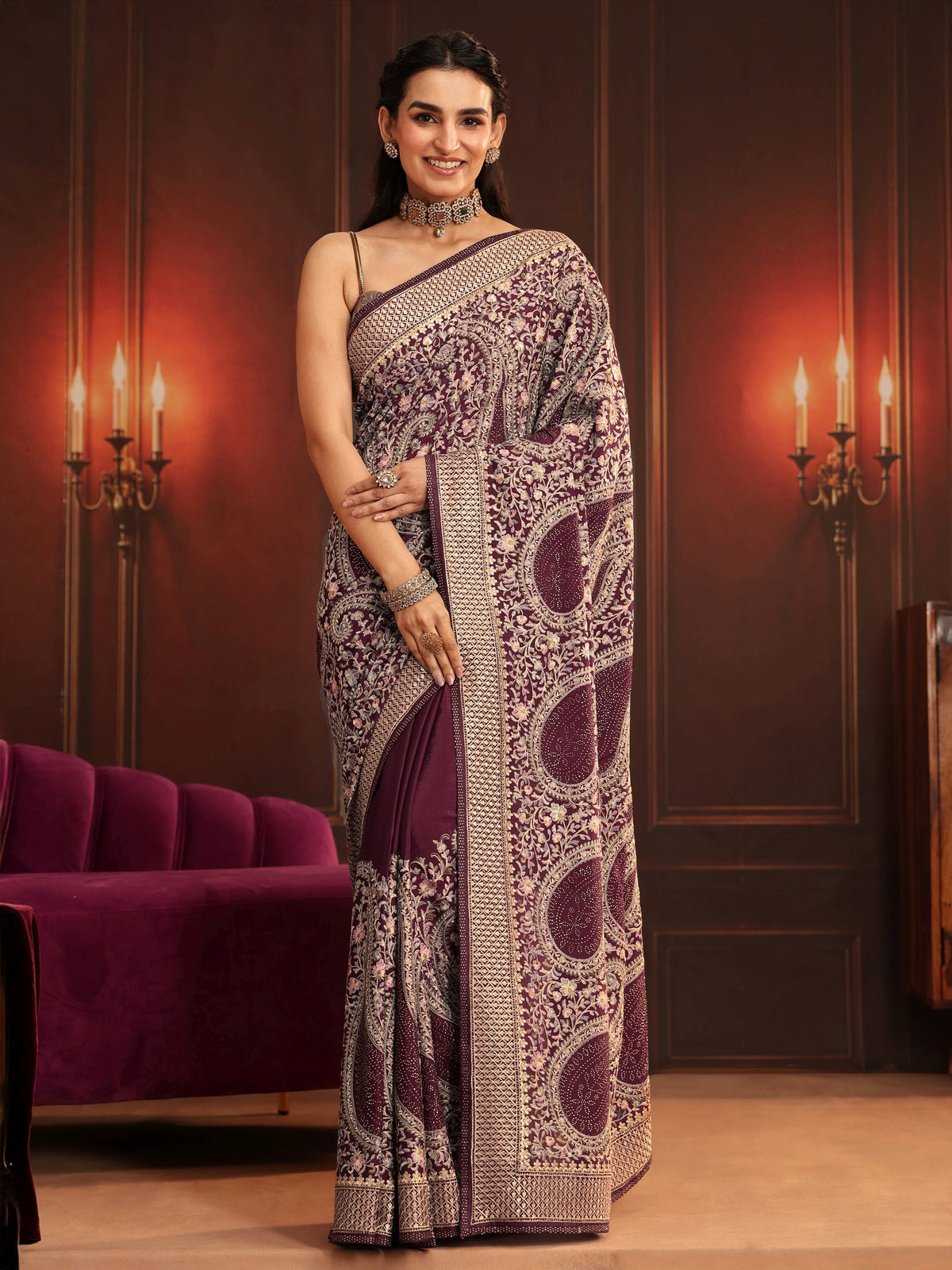 Art Dusty Maroon Paisley Embroidered Georgette Saree