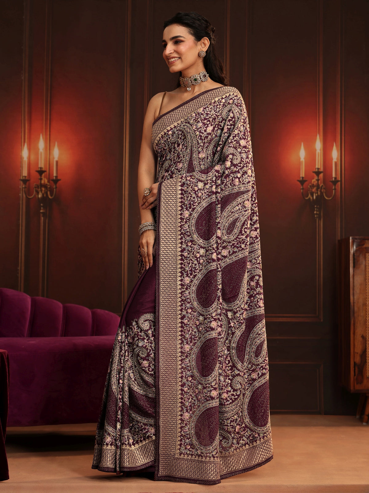 Art Dusty Maroon Paisley Embroidered Georgette Saree