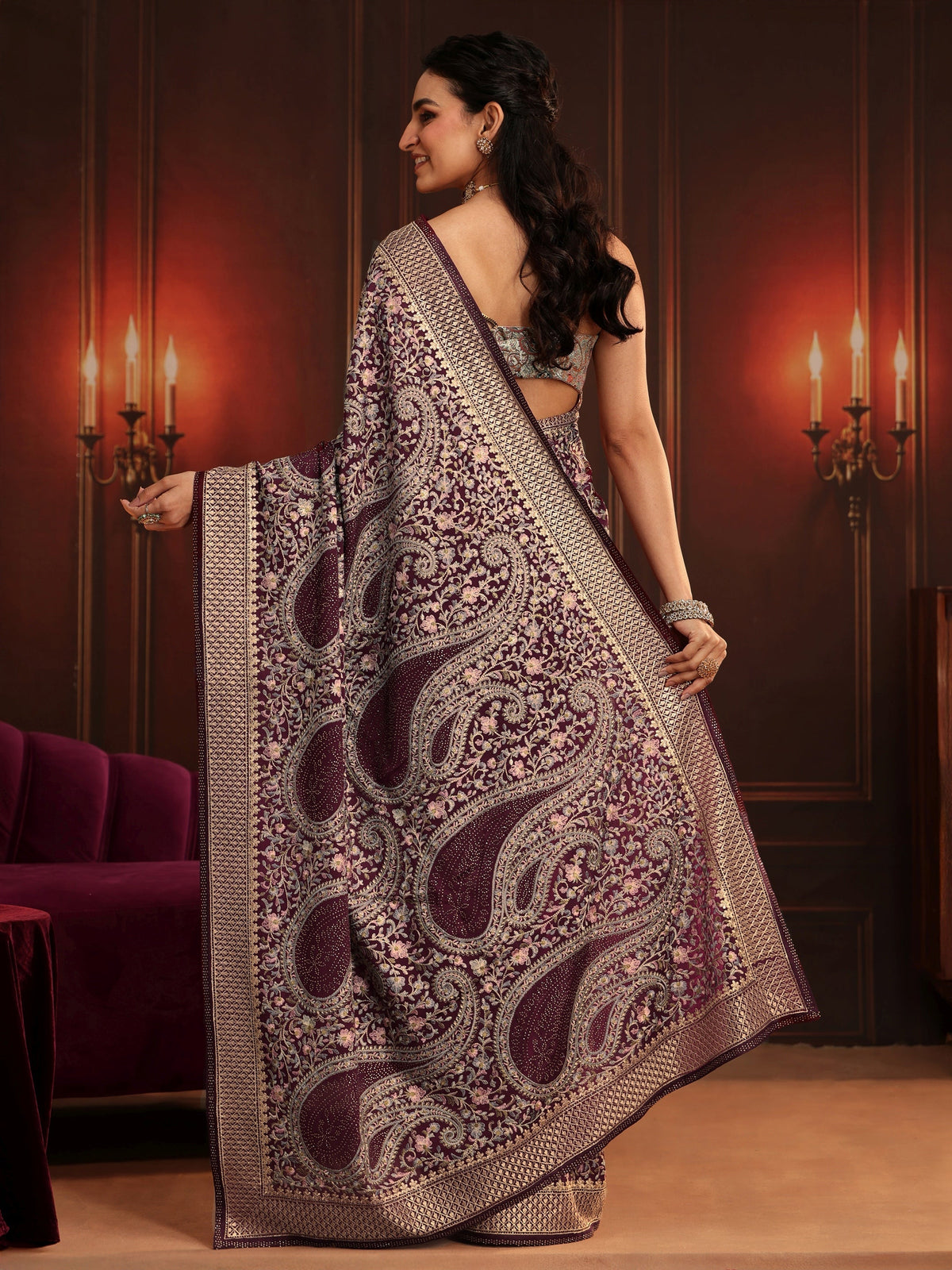 Art Dusty Maroon Paisley Embroidered Georgette Saree