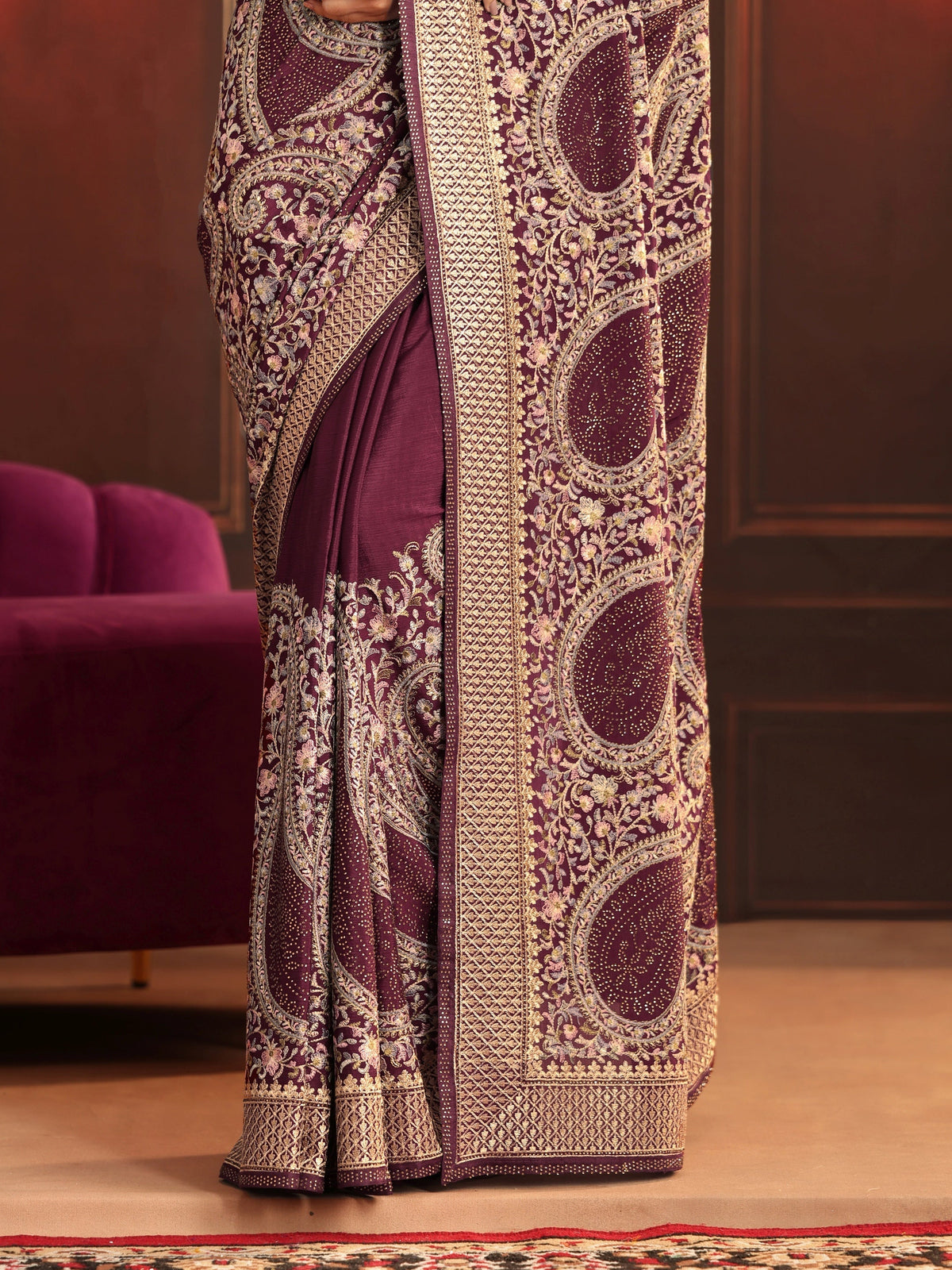 Art Dusty Maroon Paisley Embroidered Georgette Saree