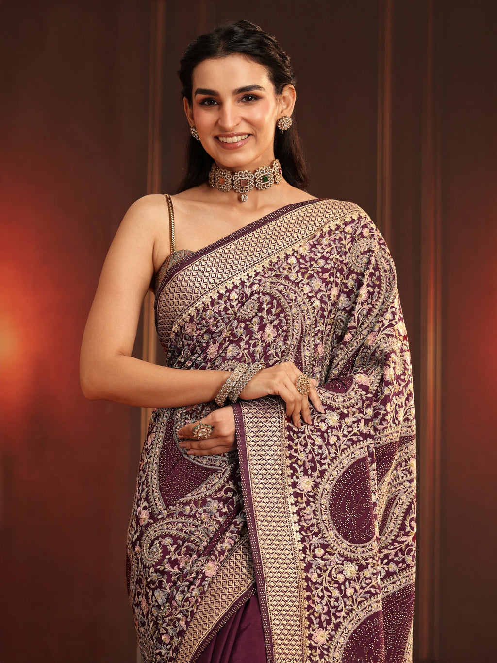 Art Dusty Maroon Paisley Embroidered Georgette Saree