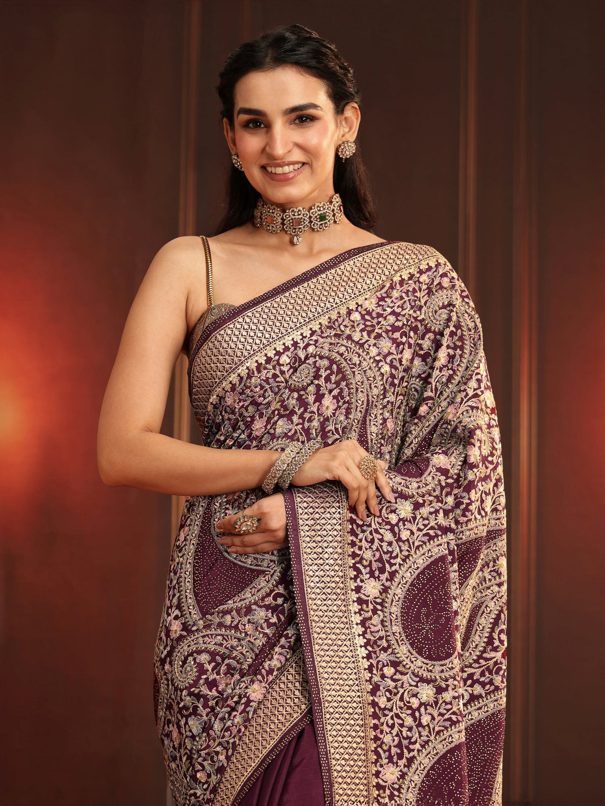 Art Dusty Maroon Paisley Embroidered Georgette Saree