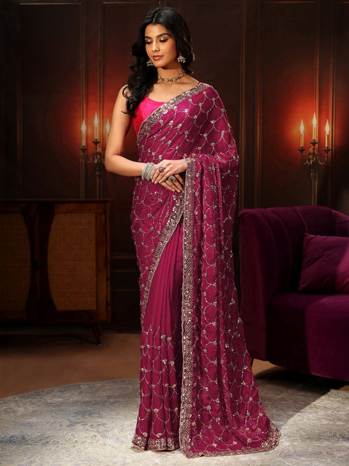 Art Raspberry Pink Embellished Tissue Saree