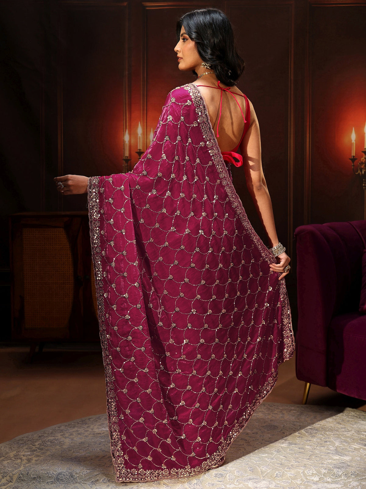 Art Raspberry Pink Embellished Tissue Saree
