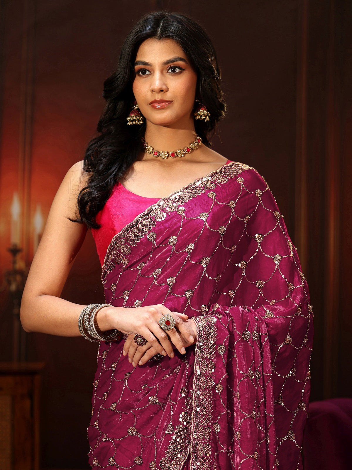 Art Raspberry Pink Embellished Tissue Saree