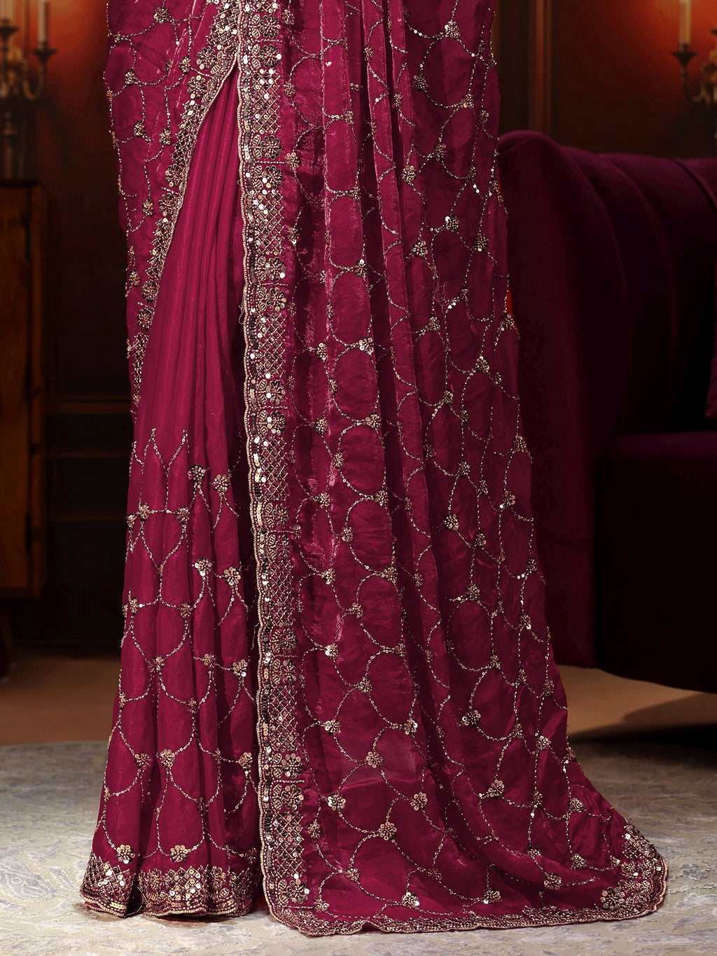 Art Raspberry Pink Embellished Tissue Saree