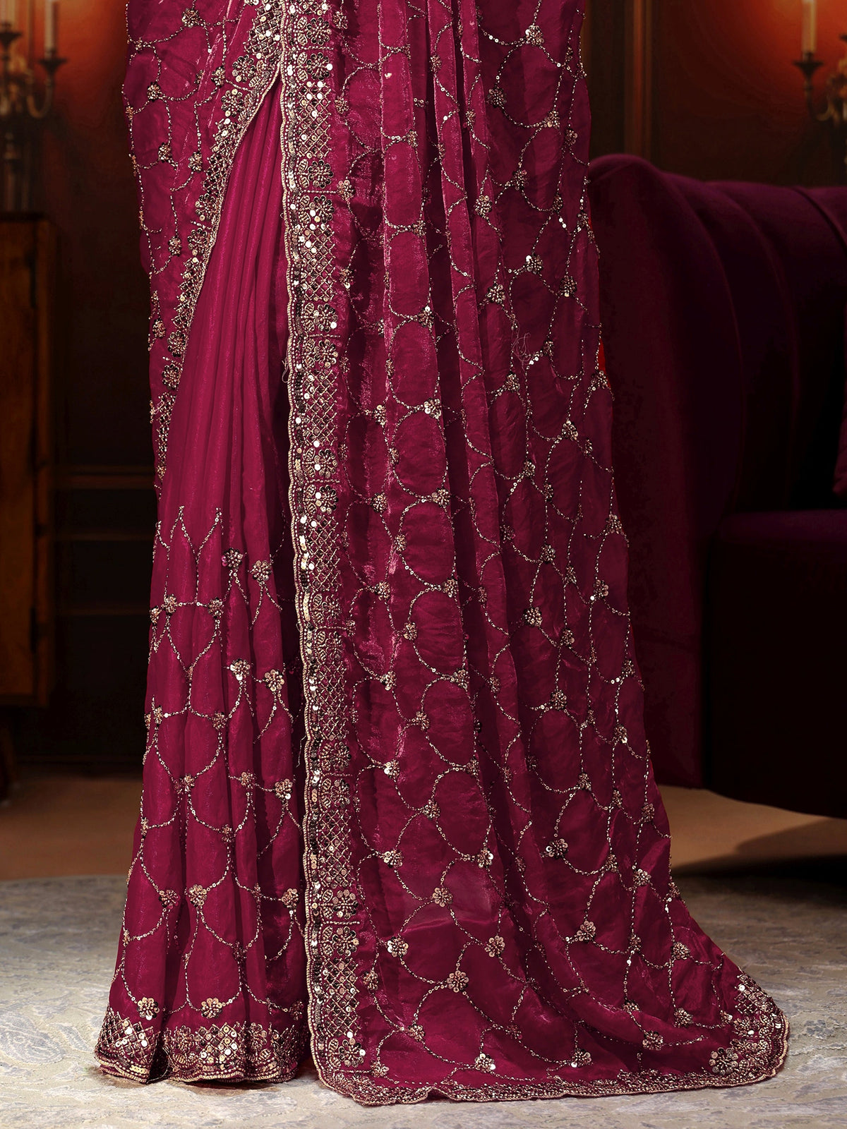 Art Raspberry Pink Embellished Tissue Saree