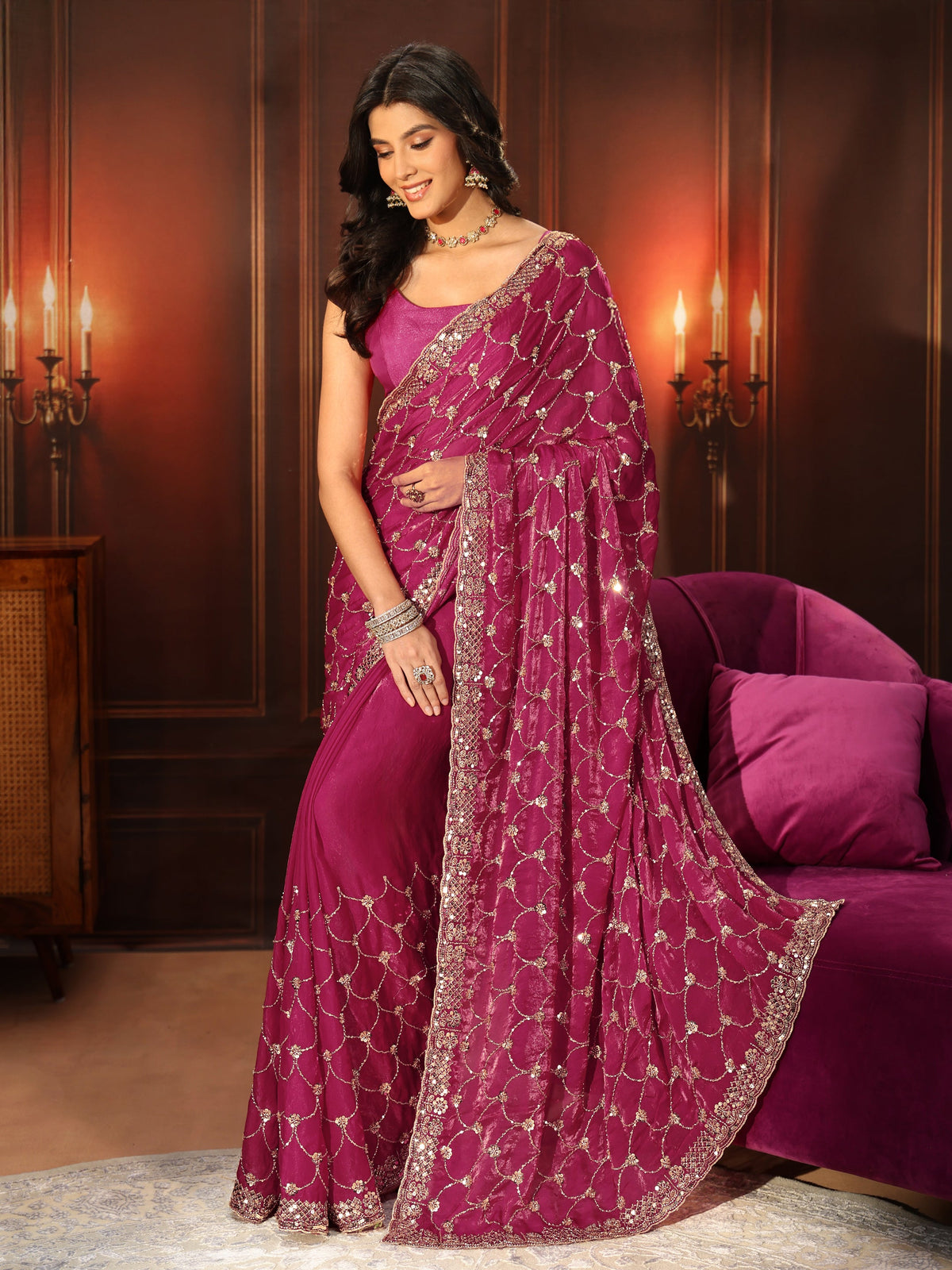 Art Raspberry Pink Embellished Tissue Saree