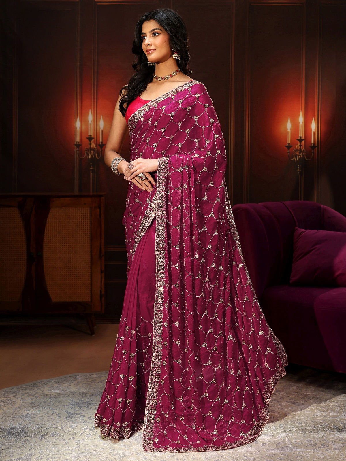 Art Raspberry Pink Embellished Tissue Saree