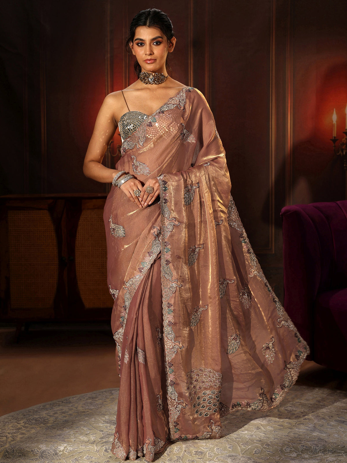 Peach Pink Peacock Embellished Tissue Saree