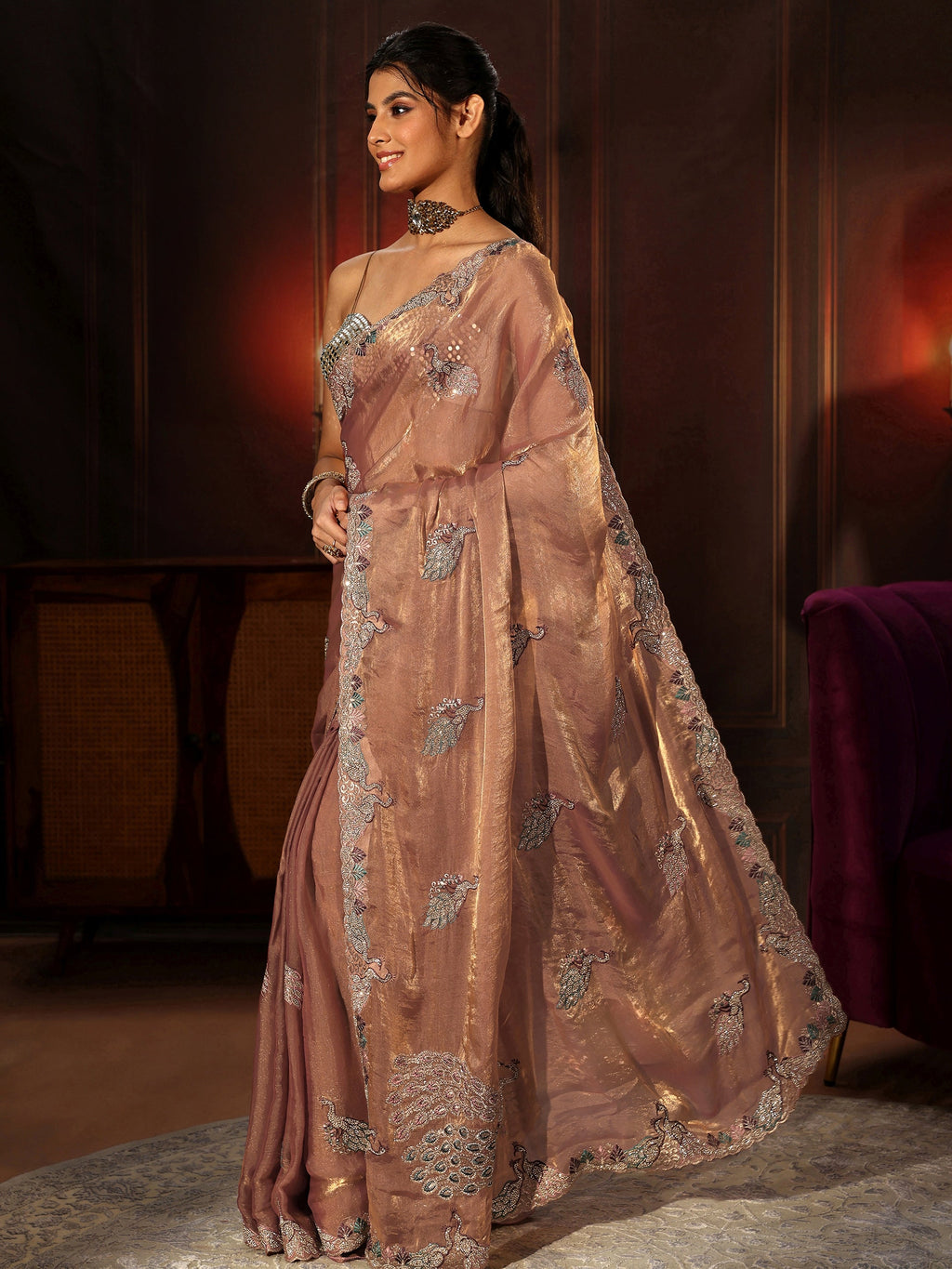 Peach Pink Peacock Embellished Tissue Saree