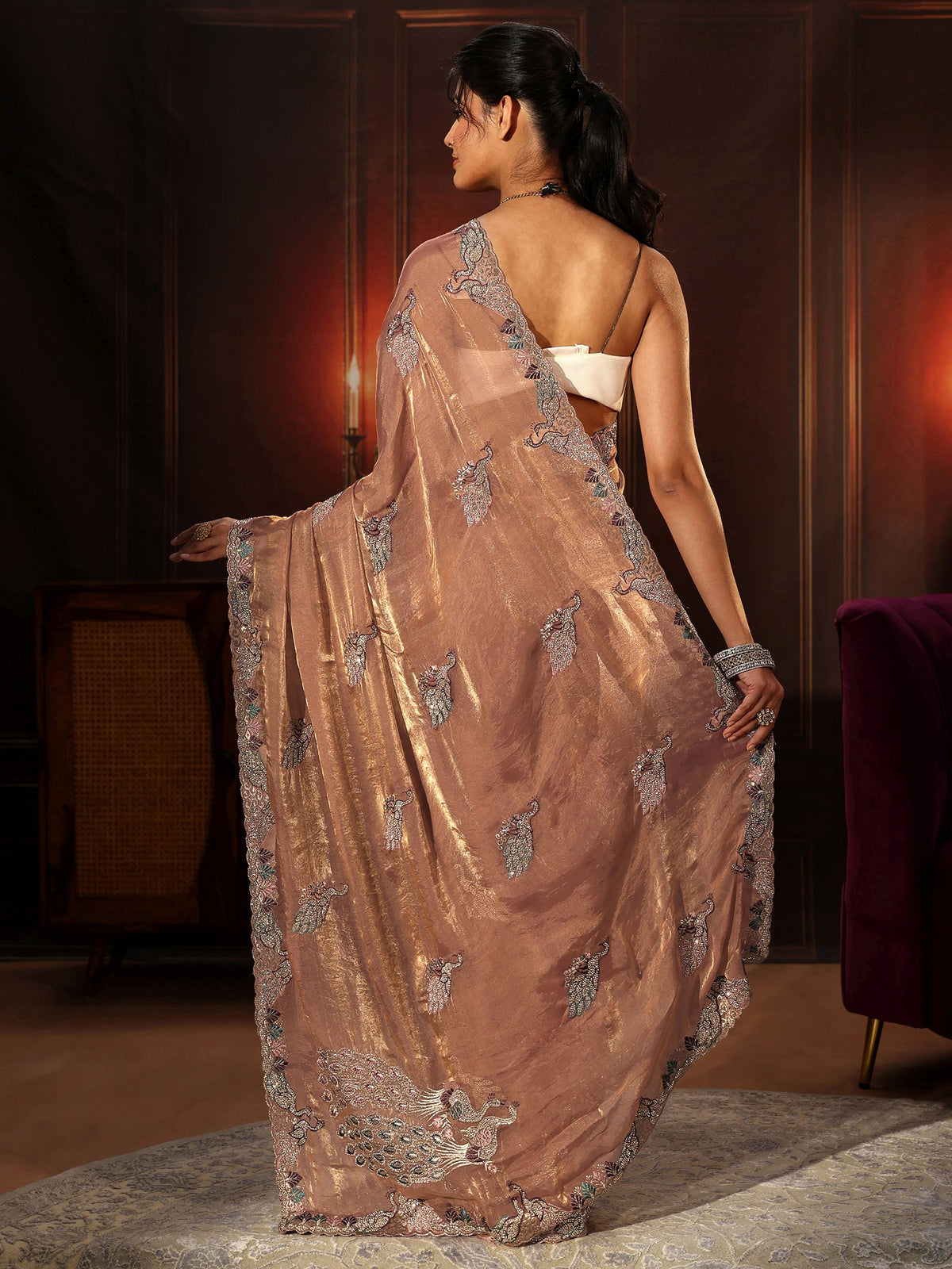 Peach Pink Peacock Embellished Tissue Saree