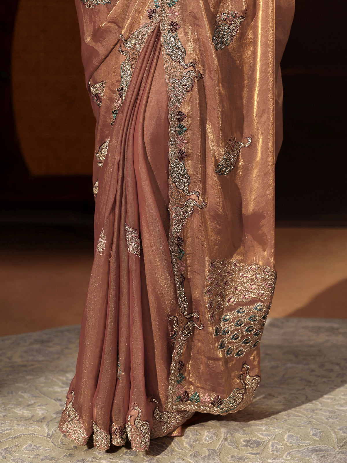 Peach Pink Peacock Embellished Tissue Saree