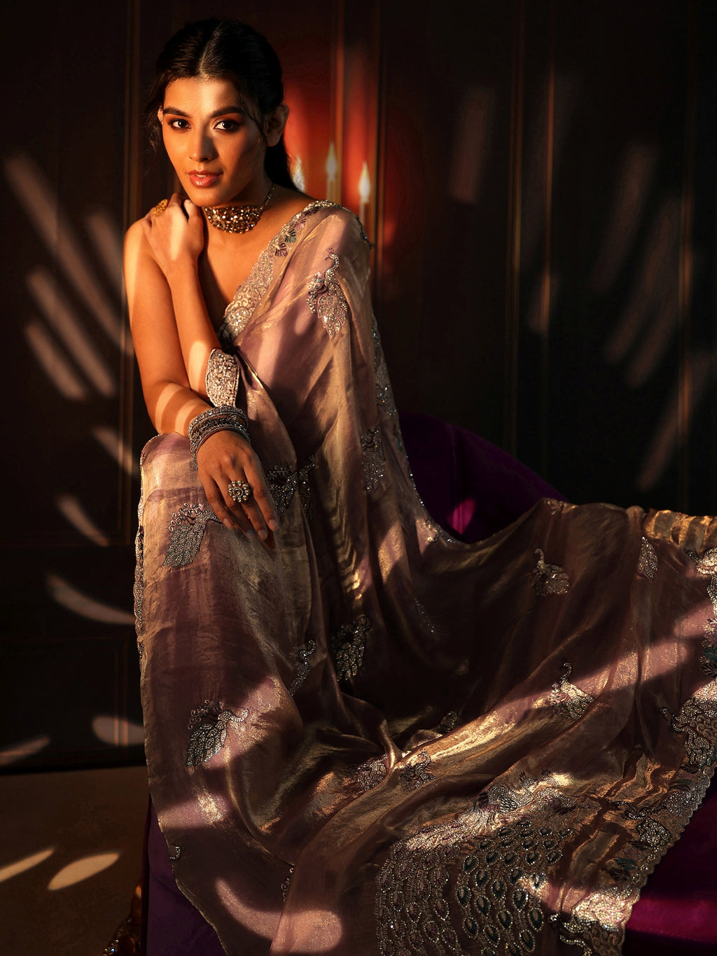 Peach Pink Peacock Embellished Tissue Saree